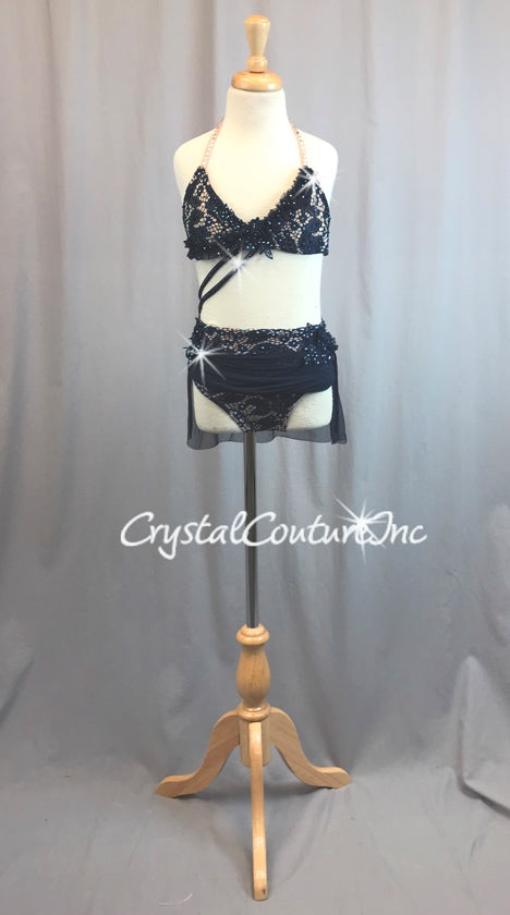 Navy Blue & Nude Lycra Open Net Halter Top & Trunk/Mesh Skirt - Swarovski Rhinestones