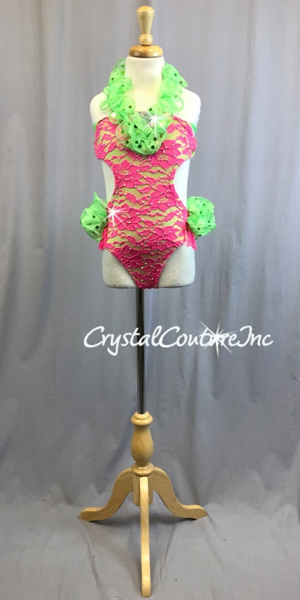 Hot Pink Floral Lace Leotard with Lime Green Accents - Swarovski Rhinestones