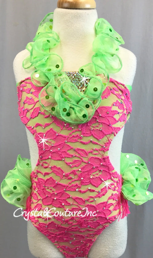 Hot Pink Floral Lace Leotard with Lime Green Accents - Swarovski Rhinestones