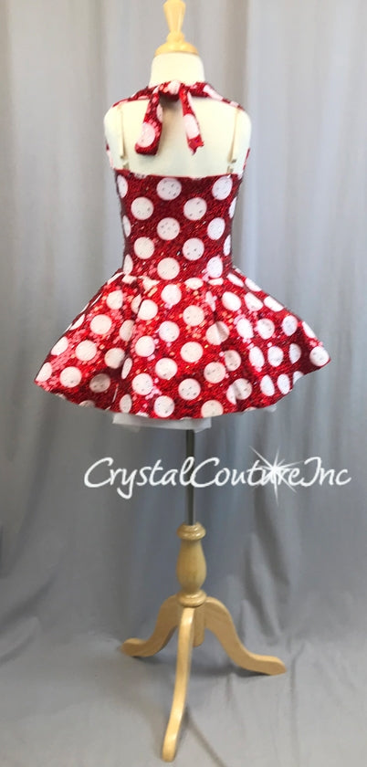 Red & White Polka Dot Halter Dress with Sequins - Rhinestones