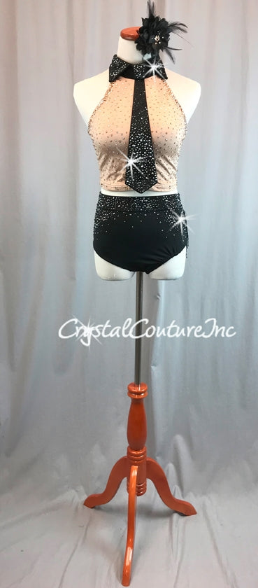 Nude Top with Black Collar/Tie and Black Trunks/Beaded Skirt - Swarovski Rhinestones