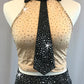 Nude Top with Black Collar/Tie and Black Trunks/Beaded Skirt - Swarovski Rhinestones
