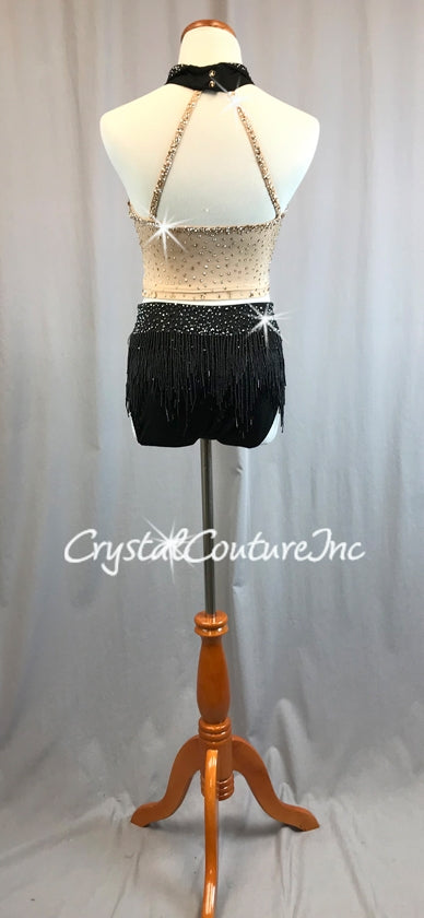 Nude Top with Black Collar/Tie and Black Trunks/Beaded Skirt - Swarovski Rhinestones