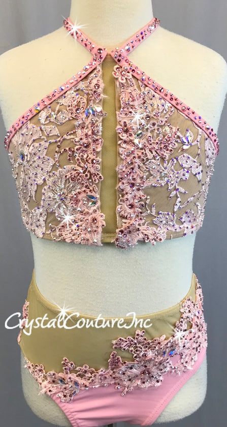 Lt Pink Embroidered Halter Top & Trunk with Sheer Nude Mesh Insets - Swarovski Rhinestones