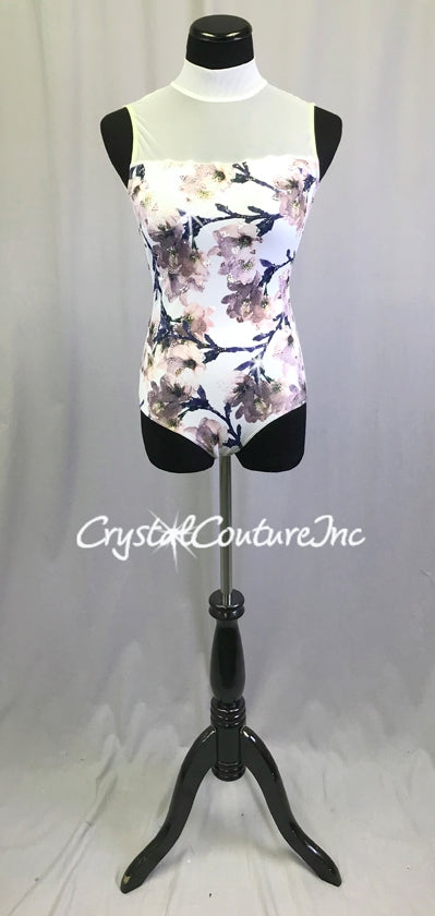 White Print Lycra Leotard with Flower and Vine Design - Swarovski Rhinestones