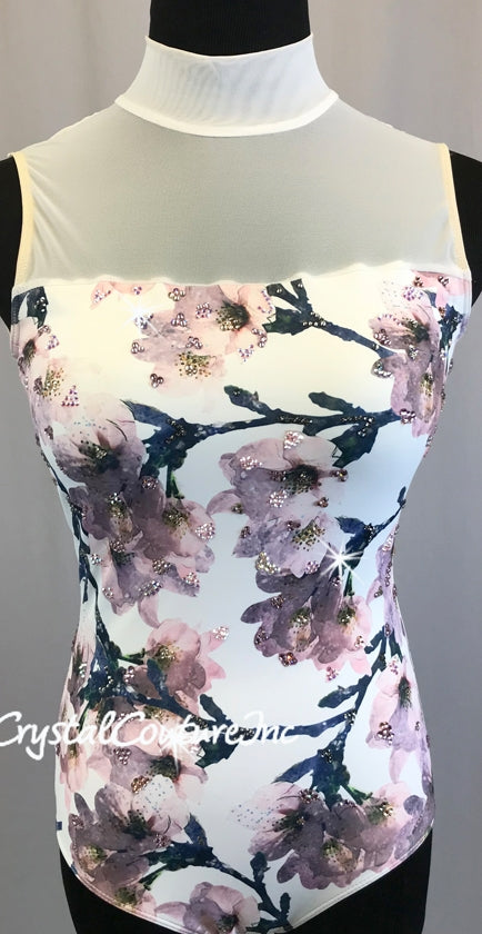White Print Lycra Leotard with Flower and Vine Design - Swarovski Rhinestones