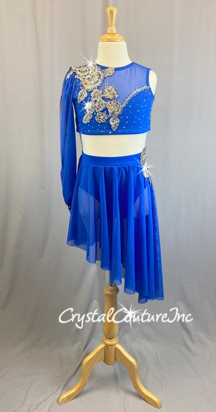 Royal Blue Lycra and Sheer Mesh Top and Trunk/Asymmetrical Skirt - Swarovski Rhinestones
