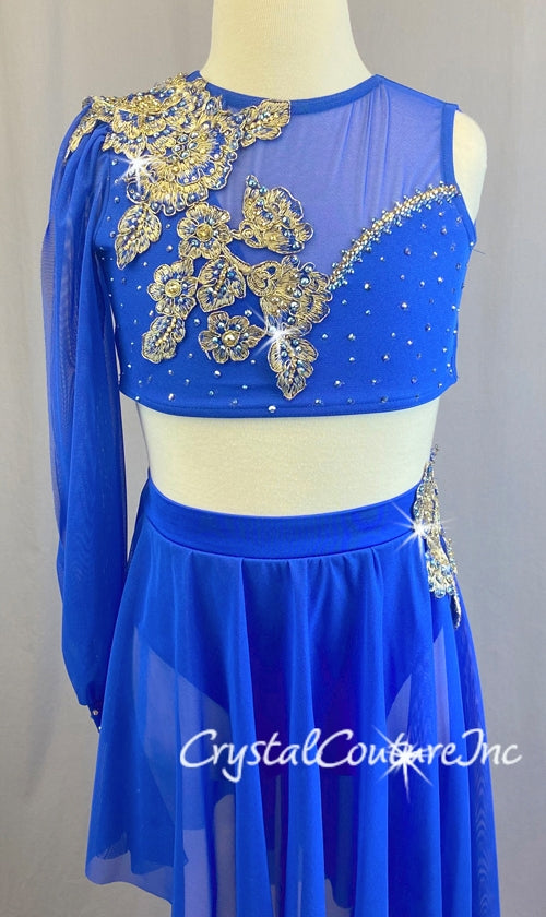 Royal Blue Lycra and Sheer Mesh Top and Trunk/Asymmetrical Skirt - Swarovski Rhinestones