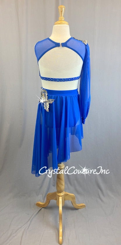 Royal Blue Lycra and Sheer Mesh Top and Trunk/Asymmetrical Skirt - Swarovski Rhinestones