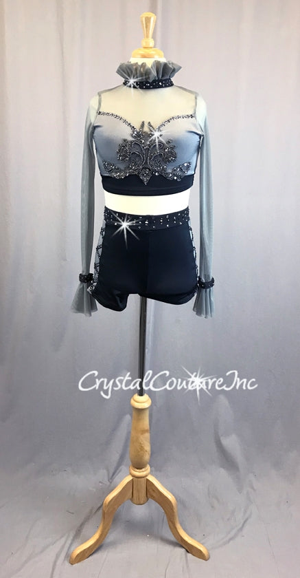 Gray and Black 2pc Long Sleeve Top with Booty Short - Swarovski Rhinestones