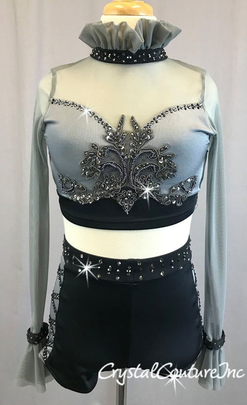 Gray and Black 2pc Long Sleeve Top with Booty Short - Swarovski Rhinestones