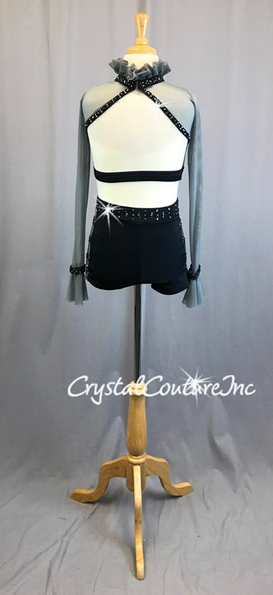 Gray and Black 2pc Long Sleeve Top with Booty Short - Swarovski Rhinestones