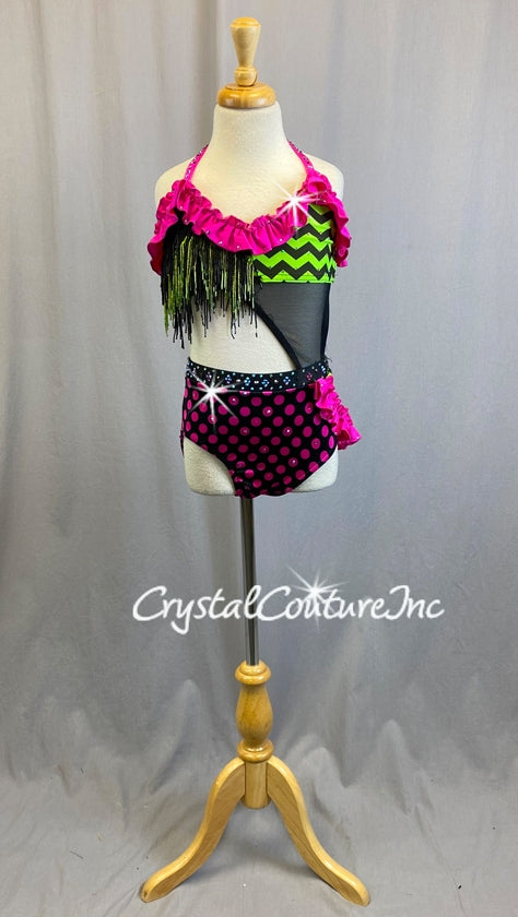 Neon Green and Hot Pink Pattern Connected Halter Top and Trunk/Half Skirt - Swarovski Rhinestones
