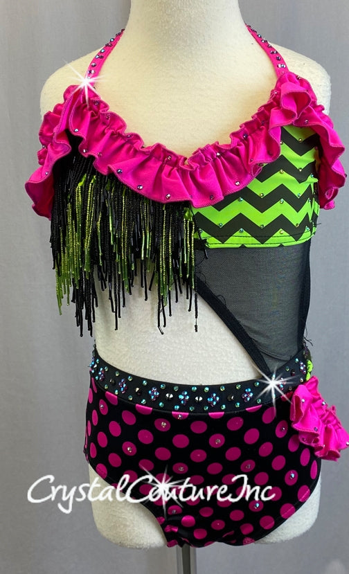 Neon Green and Hot Pink Pattern Connected Halter Top and Trunk/Half Skirt - Swarovski Rhinestones