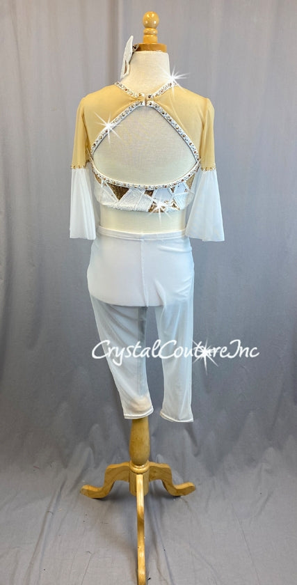 White Top and Trunk/Sheer Crop Pants with White/Gold Sequin Design - Swarovski Rhinestones