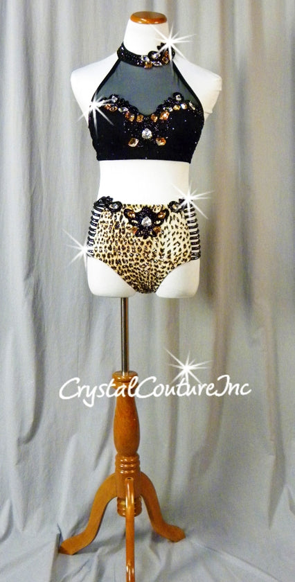 Black Mesh Top with Leopard Print Brief - Swarovski Rhinestones & Appliques