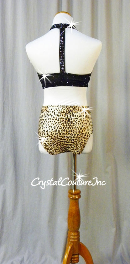 Black Mesh Top with Leopard Print Brief - Swarovski Rhinestones & Appliques