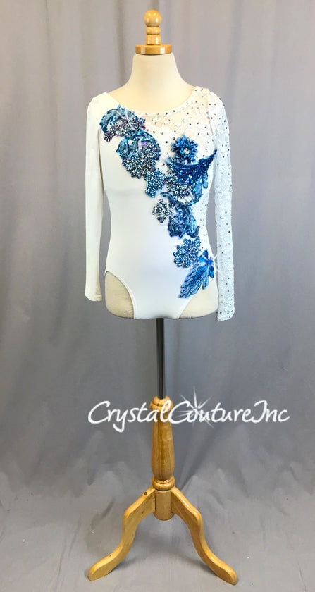 White Lycra and Lace L/S Leotard with Blue & Purple Appliques - Swarovski Rhinestones