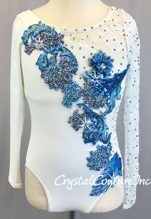White Lycra and Lace L/S Leotard with Blue & Purple Appliques - Swarovski Rhinestones