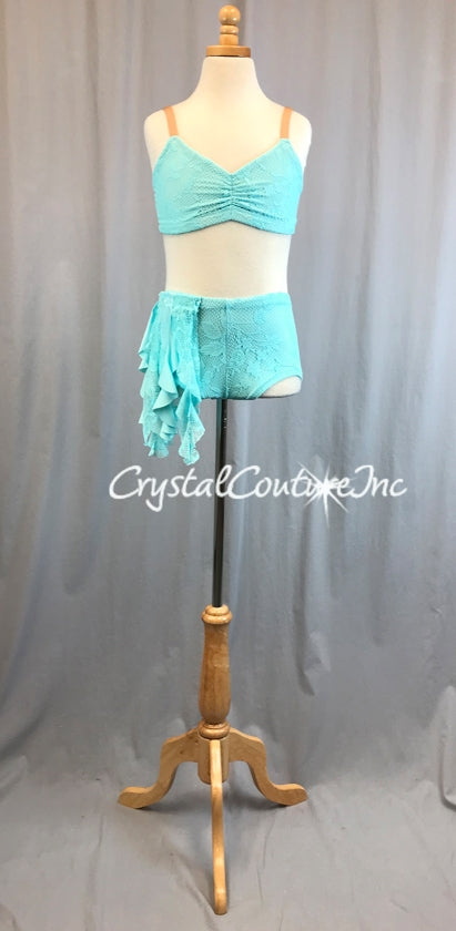 Lt Teal Blue Lace and Mesh Bra-Top & Booty Short/Skirt