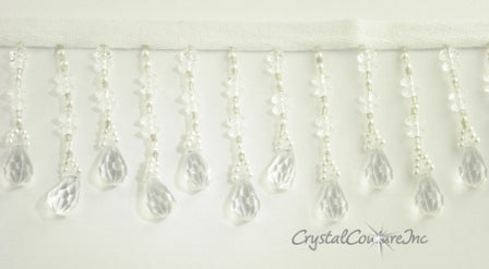 Crystal Pendant and Silver/Pearl Beaded Fringe Trim - per foot