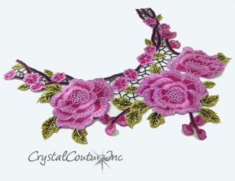 Fuchsia/Black/Gold Floral Lace Embroidered Applique