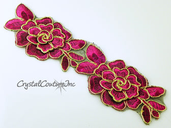 Fuchsia/Gold Flower Embroidered Applique - 3 pieces