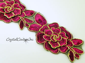 Fuchsia/Gold Flower Embroidered Applique - 3 pieces