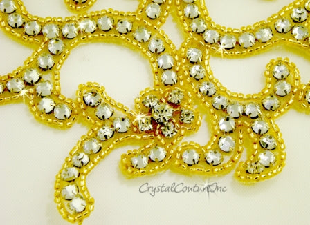 Gold Bead & Crystal Rhinestone Swirl Applique