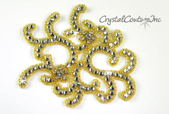 Gold Bead & Crystal Rhinestone Swirl Applique