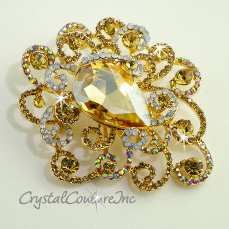 Lt Colorado Topaz Rhinestone Brooch 3.0" x 2.5"