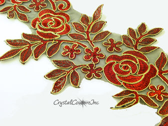 Red/Gold Floral Lace Embroidered Applique