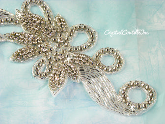 Silver/Crystal Bead Floral Scroll Applique
