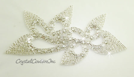 Silver/Crystal Rhinestone & Beaded Double Leaf Applique