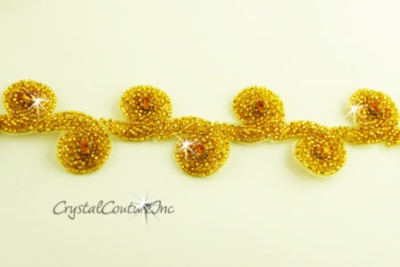 Gold Beaded Topaz Rhinestone Scroll Trim - per yard