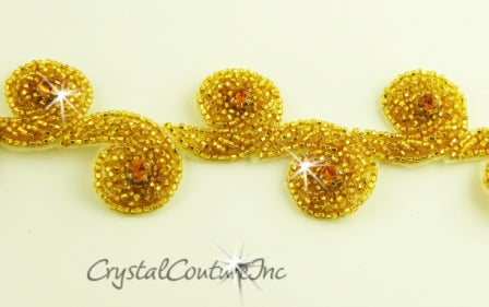 Gold Beaded Topaz Rhinestone Scroll Trim - per yard