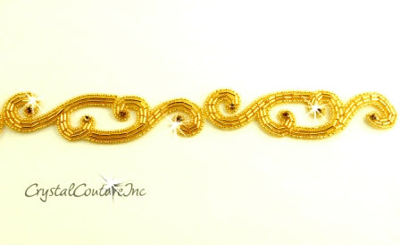 Gold Beaded Topaz Rhinestone Swirl Applique - per yard