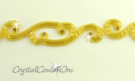 Gold Beaded Topaz Rhinestone Swirl Applique - per yard