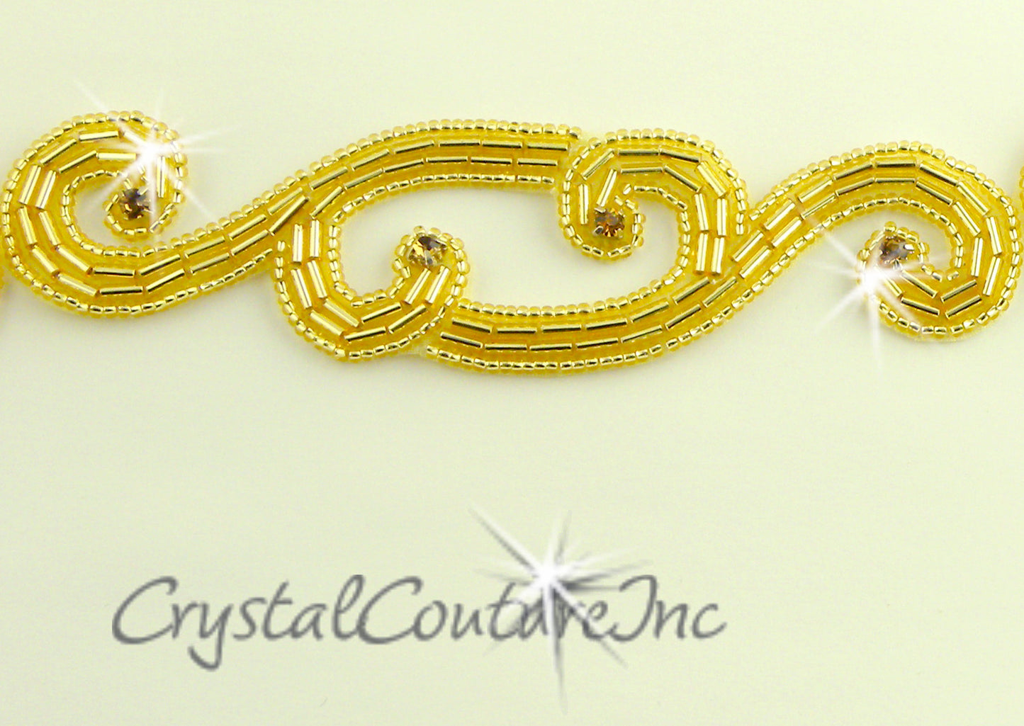 Gold Beaded Topaz Rhinestone Swirl Applique - per yard