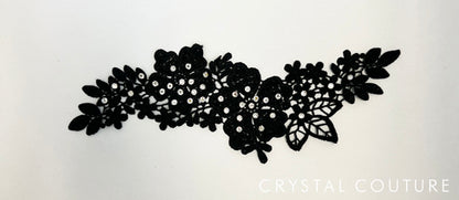 Black Embroidered Floral Applique with Rhinestones