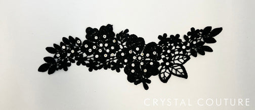 Black Embroidered Floral Applique with Rhinestones
