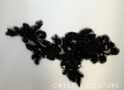 Black Embroidered Beaded Floral Applique with Pearls.