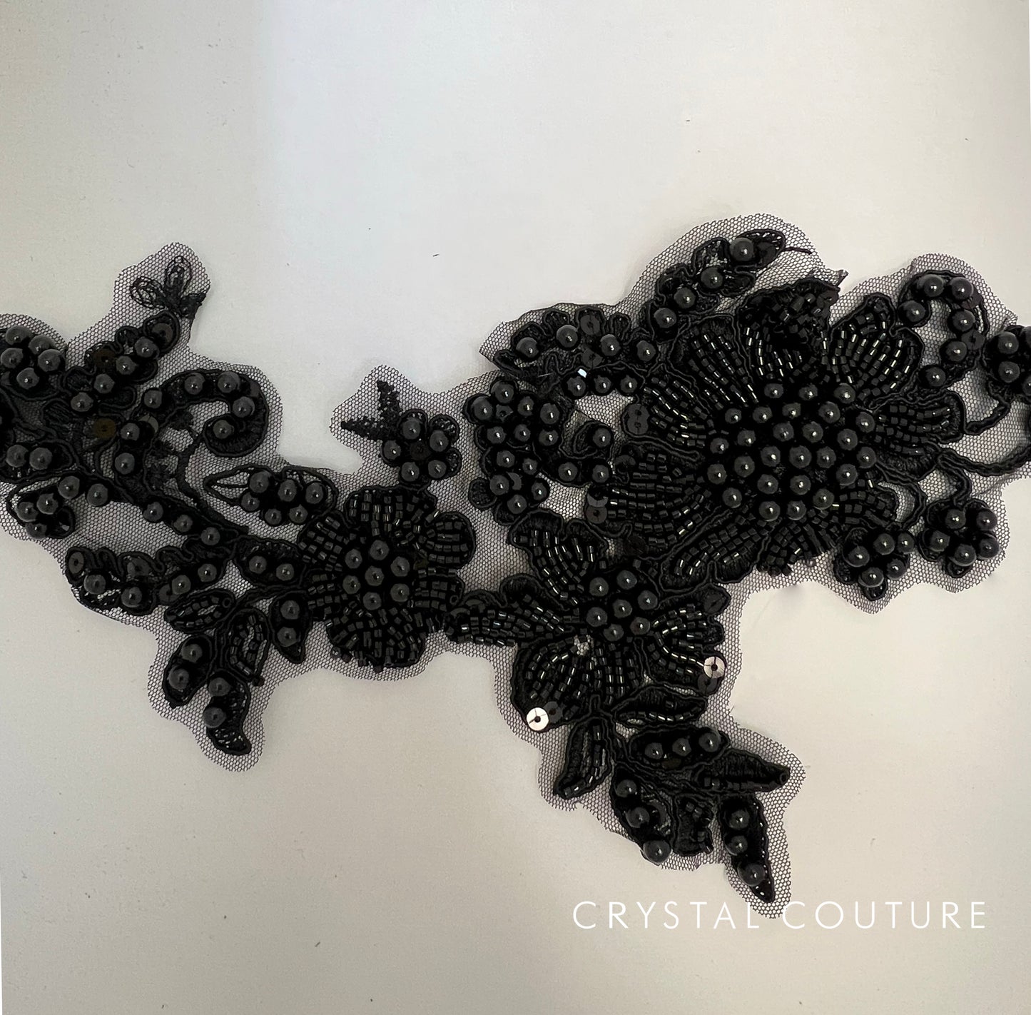 Black Embroidered Beaded Floral Applique with Pearls.