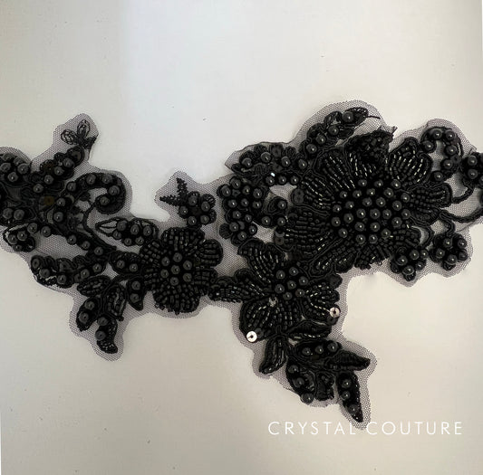 Black Embroidered Beaded Floral Applique with Pearls.