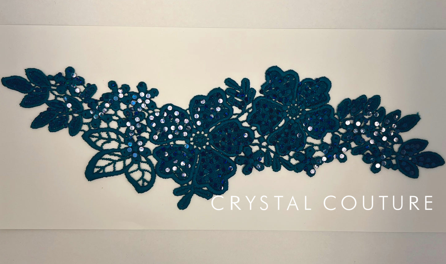 Teal Embroidered Floral Applique with Navy Holographic Spangles