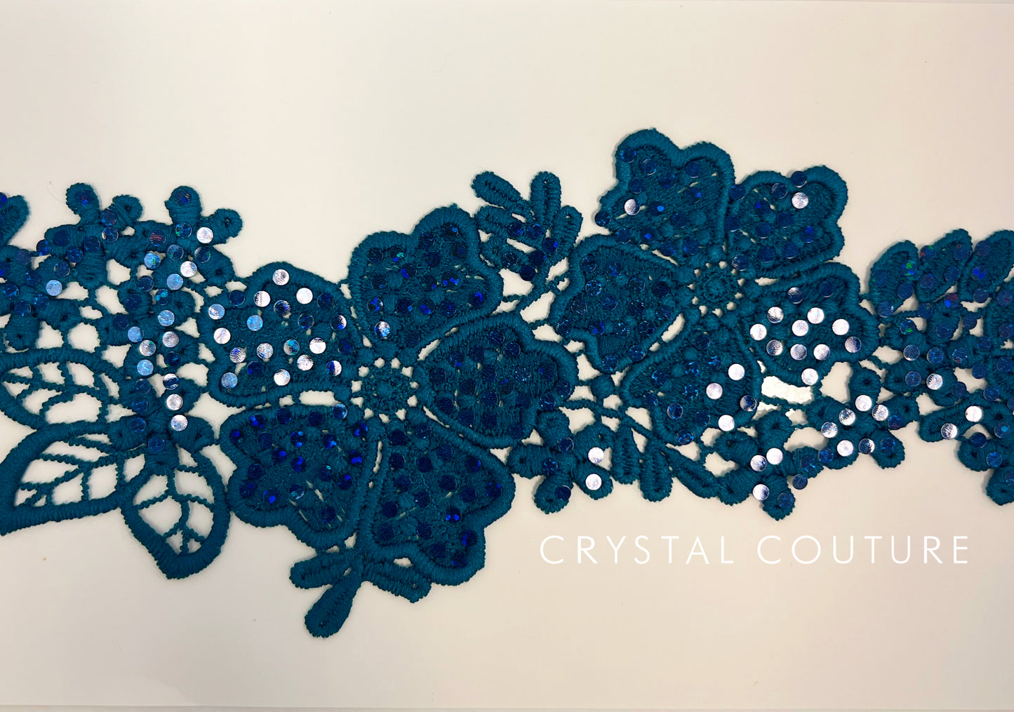 Teal Embroidered Floral Applique with Navy Holographic Spangles