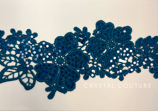 Teal Embroidered Floral Applique with Navy Holographic Spangles