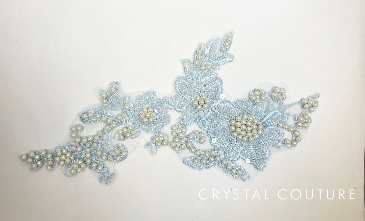 Powder Blue Embroidered Beaded Floral Applique with Pearls.