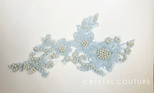 Powder Blue Embroidered Beaded Floral Applique with Pearls.