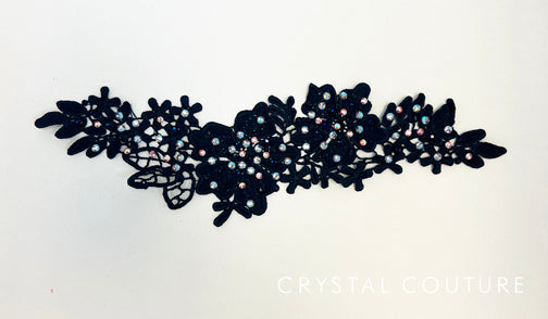 Navy Embroidered Floral Applique with Rhinestones